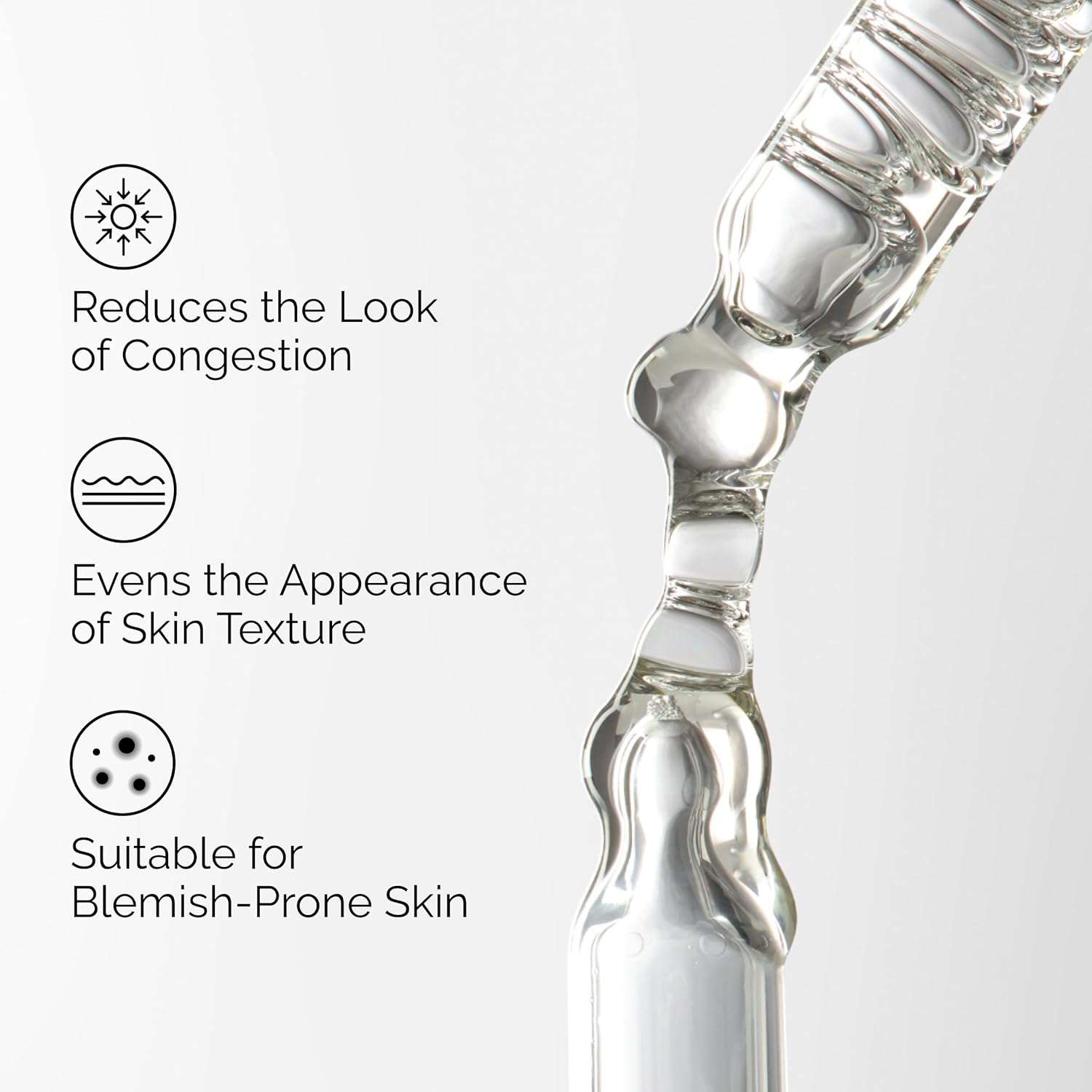 Promotional infographic for The Ordinary Salicylic Acid 2% Solution showing a serum dropper with clear liquid. Highlights key benefits including reducing the look of congestion, improving skin texture, and supporting blemish-prone skin for a clearer, smoother complexion. 