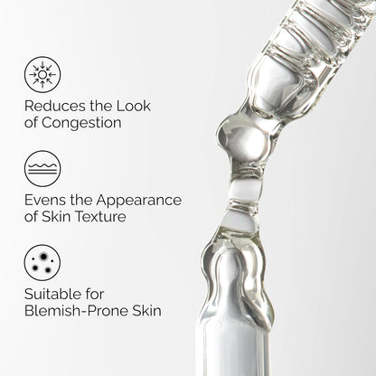 Promotional infographic for The Ordinary Salicylic Acid 2% Solution showing a serum dropper with clear liquid. Highlights key benefits including reducing the look of congestion, improving skin texture, and supporting blemish-prone skin for a clearer, smoother complexion. 