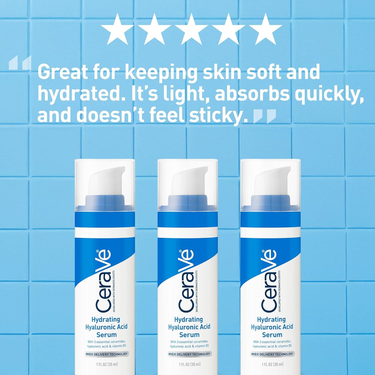 Three CeraVe hydrating serum bottles on a blue tiled background with product description text.