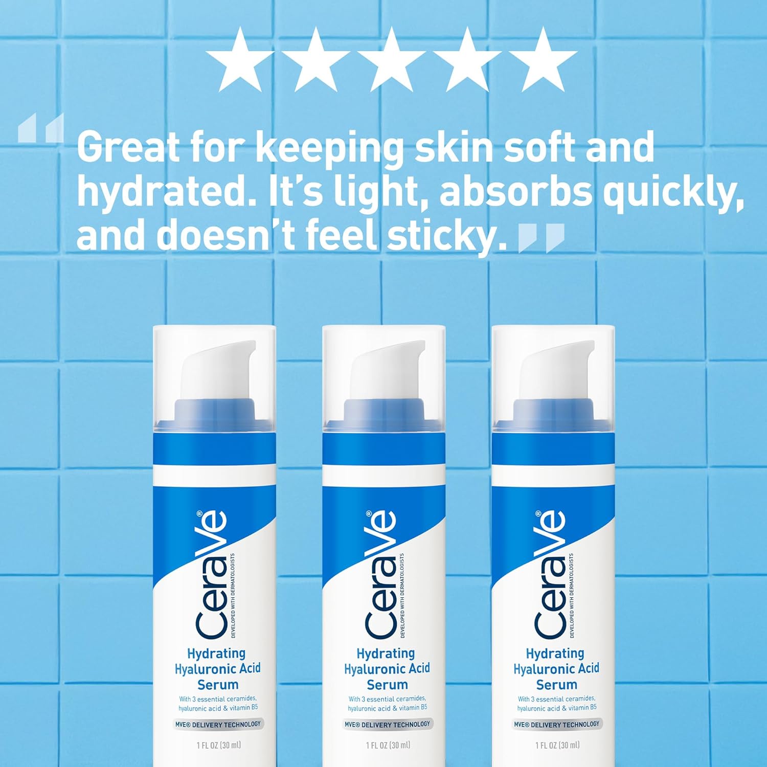 Three CeraVe hydrating serum bottles on a blue tiled background with product description text.