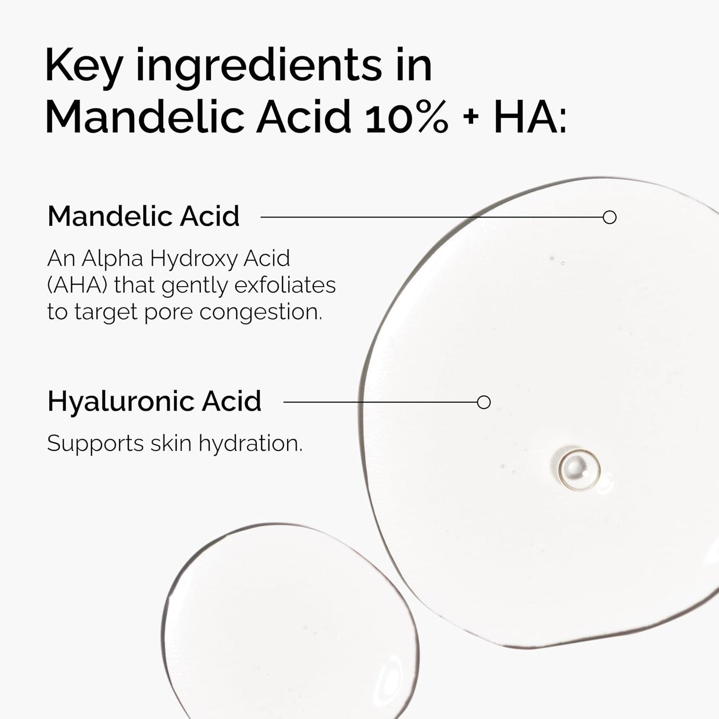 Informational graphic showing the key ingredients in The Ordinary Mandelic Acid 10% + HA serum. Highlights Mandelic Acid, a gentle Alpha Hydroxy Acid (AHA) that exfoliates and helps reduce pore congestion, and Hyaluronic Acid, which supports skin hydration. Features a close-up view of the serum texture with ingredient callouts.
