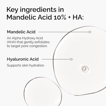Informational graphic showing the key ingredients in The Ordinary Mandelic Acid 10% + HA serum. Highlights Mandelic Acid, a gentle Alpha Hydroxy Acid (AHA) that exfoliates and helps reduce pore congestion, and Hyaluronic Acid, which supports skin hydration. Features a close-up view of the serum texture with ingredient callouts.