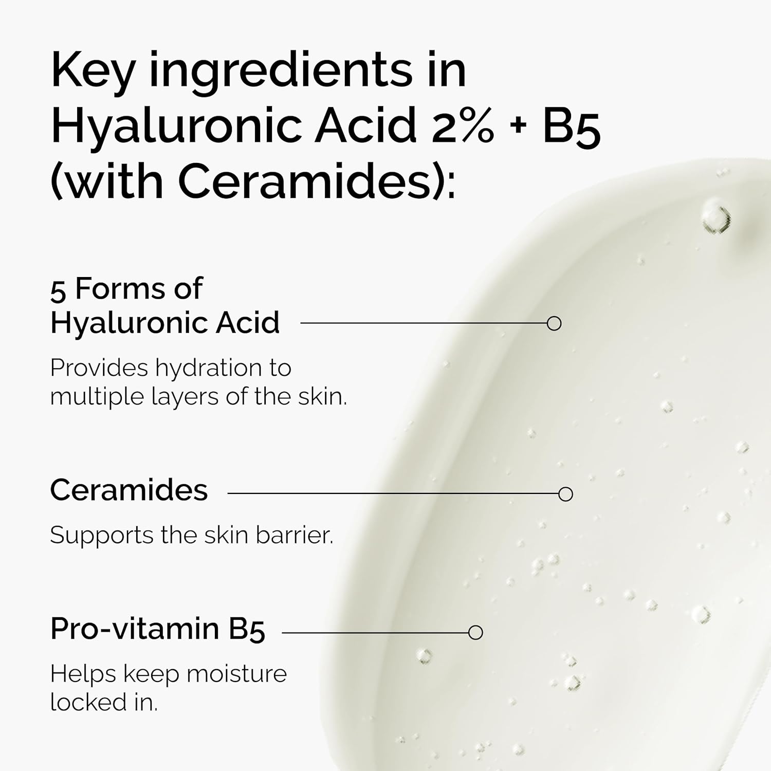 Infographic highlighting the key ingredients in The Ordinary Hyaluronic Acid 2% + B5 with Ceramides serum, including five forms of hyaluronic acid for multi-layer hydration, ceramides to support the skin barrier, and pro-vitamin B5 to help lock in moisture. A close-up of the serum texture is displayed on the right.