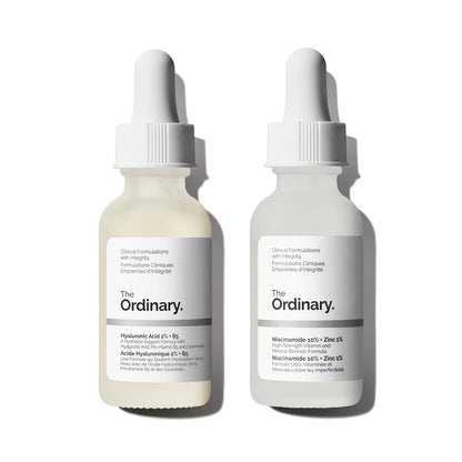 Two The Ordinary skincare serum bottles displayed side by side, featuring Hyaluronic Acid 2% + B5 for hydration and Niacinamide 10% + Zinc 1% for blemish control, skin balancing, and daily skin support.