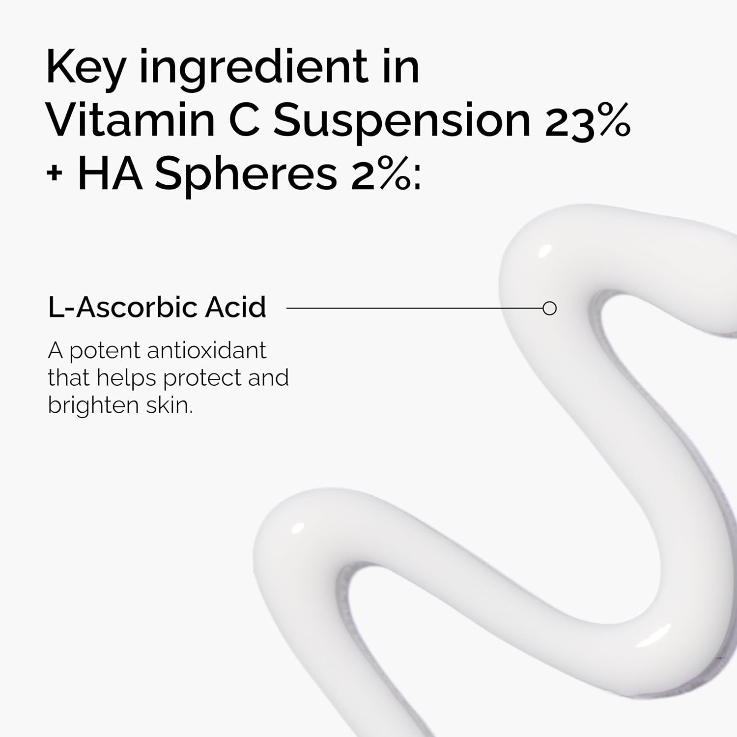 Ingredient highlight image for The Ordinary Vitamin C Suspension 23% + Hyaluronic Acid Spheres 2%, featuring pure L-Ascorbic Acid, a powerful antioxidant that helps brighten skin, reduce dullness, and protect against environmental stressors.
