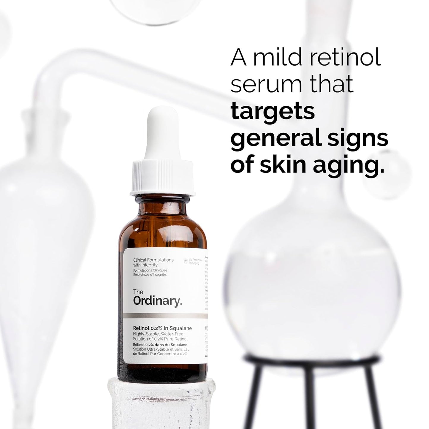 The Ordinary Retinol 0.2% in Squalane serum bottle displayed in a laboratory-inspired setting. The image highlights this gentle retinol formula designed to target early signs of skin aging, improve skin texture, smooth fine lines, and support a more youthful, radiant complexion while maintaining hydration with squalane.