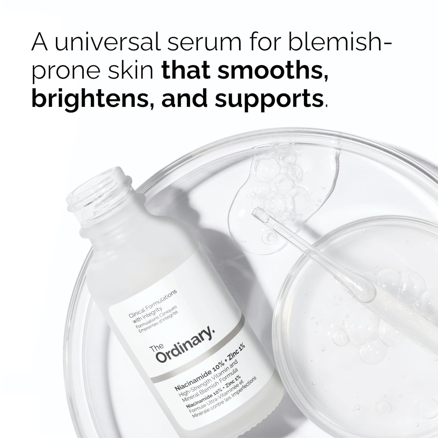 The Ordinary Niacinamide 10% + Zinc 1% serum bottle displayed with a dropper and clear serum texture, highlighting blemish-prone skin support, brightening benefits, skin smoothing, and overall complexion improvement.