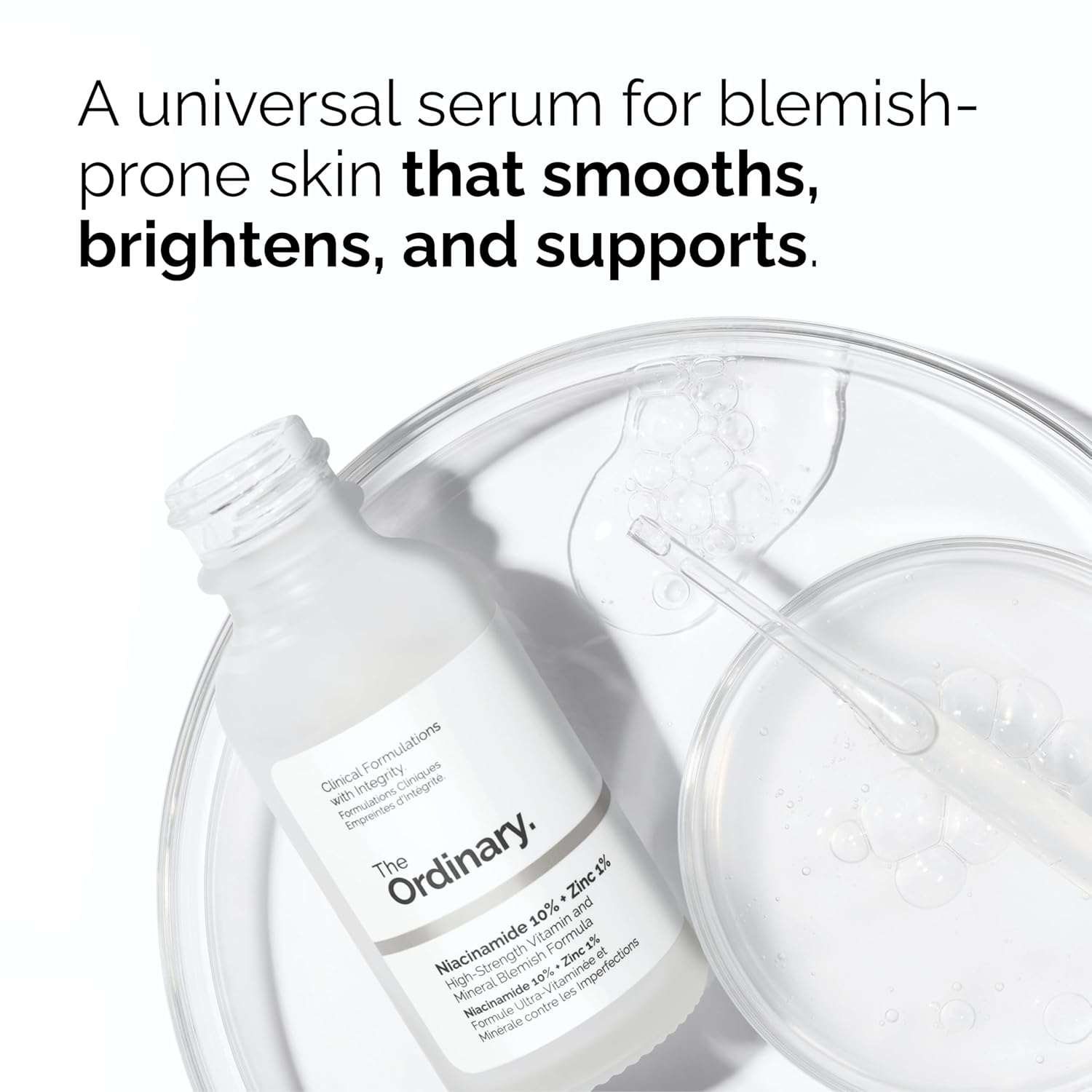 The Ordinary Niacinamide 10% + Zinc 1% serum bottle displayed with a dropper and clear serum texture, highlighting blemish-prone skin support, brightening benefits, skin smoothing, and overall complexion improvement.