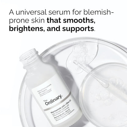 The Ordinary Niacinamide 10% + Zinc 1% serum bottle displayed with a dropper and clear serum texture, highlighting blemish-prone skin support, brightening benefits, skin smoothing, and overall complexion improvement.