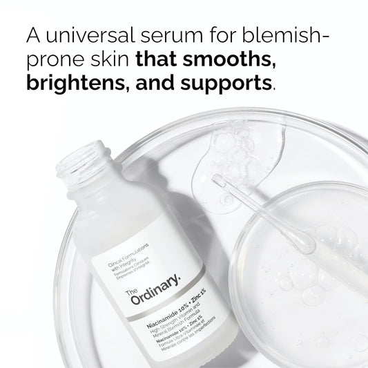 The Ordinary Niacinamide 10% + Zinc 1% serum bottle displayed with a dropper and clear serum texture, highlighting blemish-prone skin support, brightening benefits, skin smoothing, and overall complexion improvement.