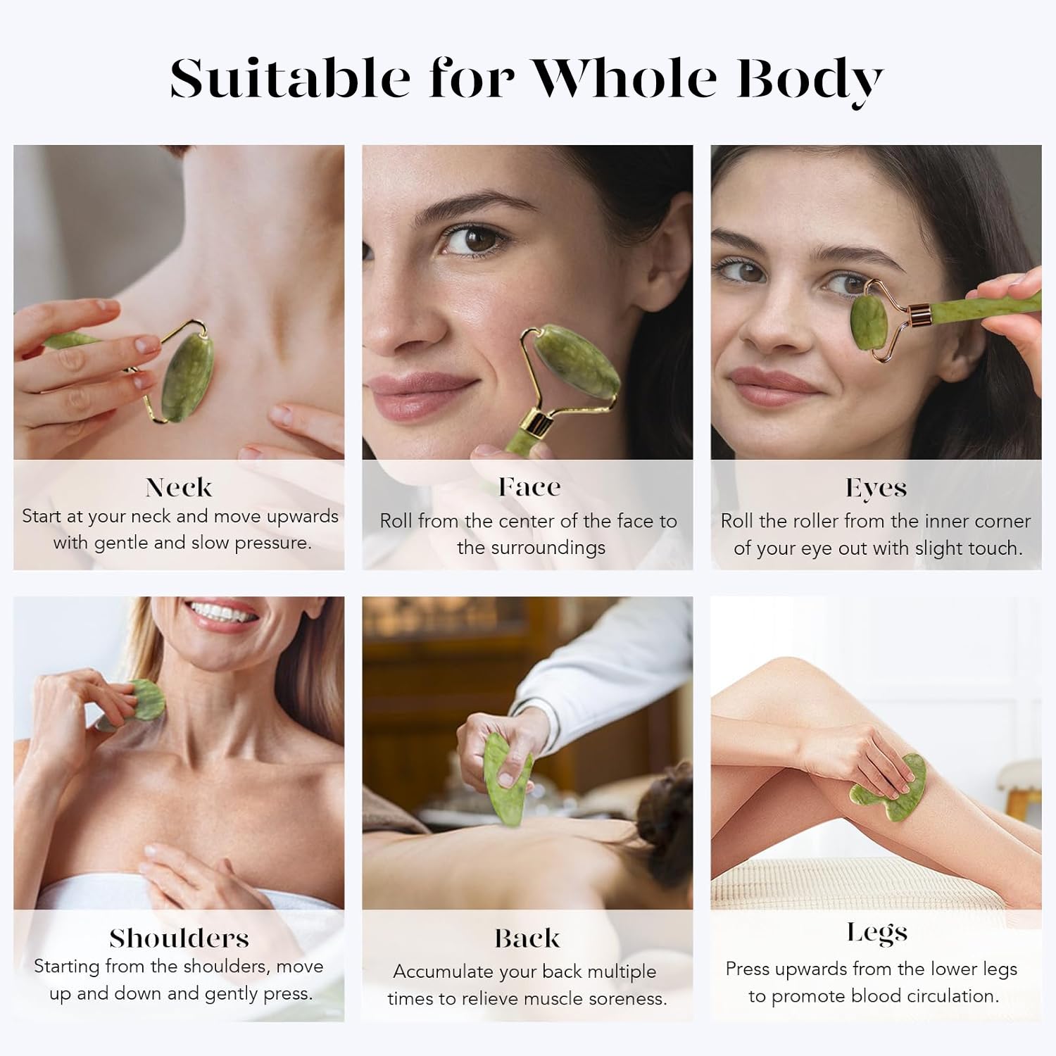 Instructions on how to use a facial roller on various parts of the body.