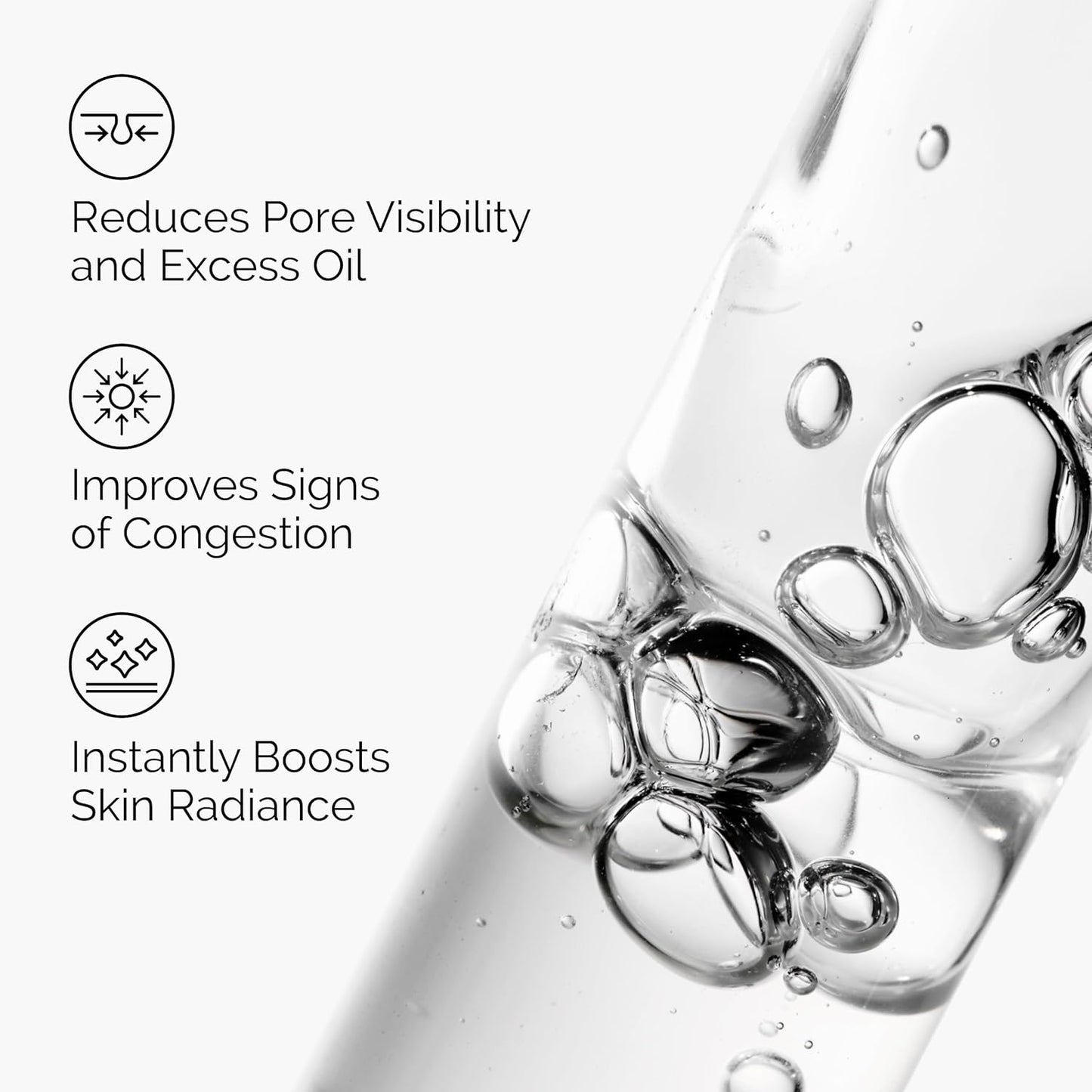 Infographic illustrating the benefits of The Ordinary Niacinamide 10% + Zinc 1% serum, highlighting reduced pore visibility and excess oil, improved signs of skin congestion, and enhanced skin radiance. Features a close-up of clear serum texture with air bubbles on a minimalist background.