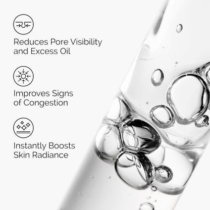 Infographic illustrating the benefits of The Ordinary Niacinamide 10% + Zinc 1% serum, highlighting reduced pore visibility and excess oil, improved signs of skin congestion, and enhanced skin radiance. Features a close-up of clear serum texture with air bubbles on a minimalist background.