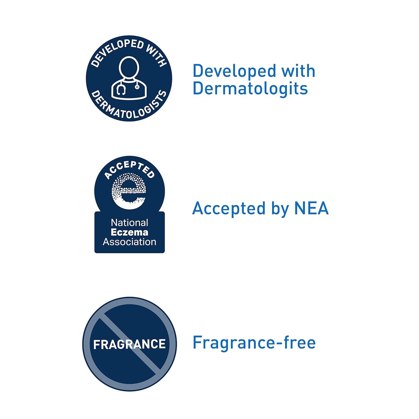 Three icons indicating development with dermatologists, acceptance by NEA, and fragrance-free status on a white background.
