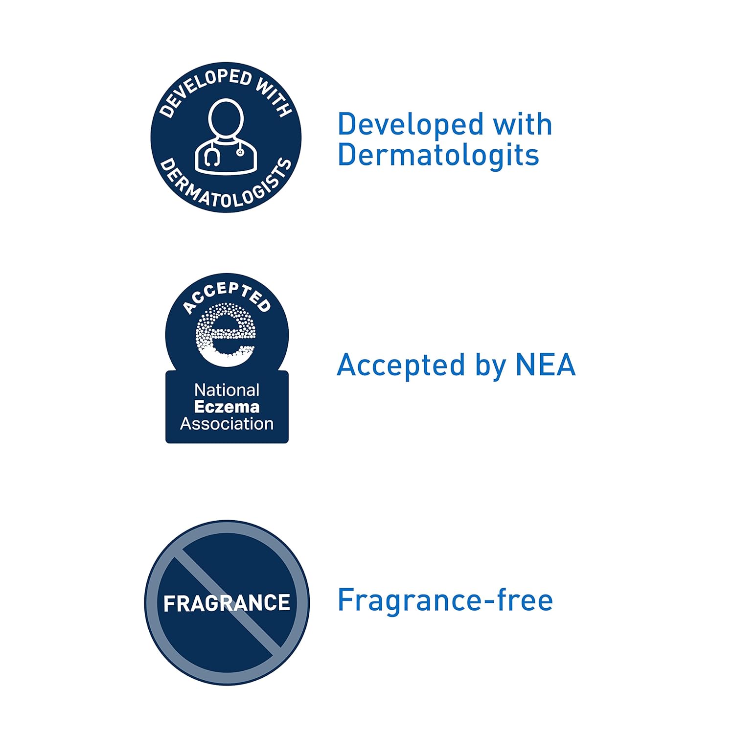 Three icons indicating development with dermatologists, acceptance by NEA, and fragrance-free status on a white background.