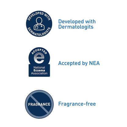 Three icons indicating development with dermatologists, acceptance by NEA, and fragrance-free status on a white background.