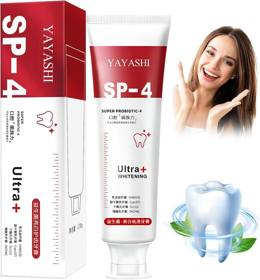 YAYASHI SP-4 Ultra+ Whitening toothpaste with packaging and a woman showing her teeth.