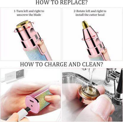 Instructions on how to replace, charge, and clean a cosmetic tool with close-up images.