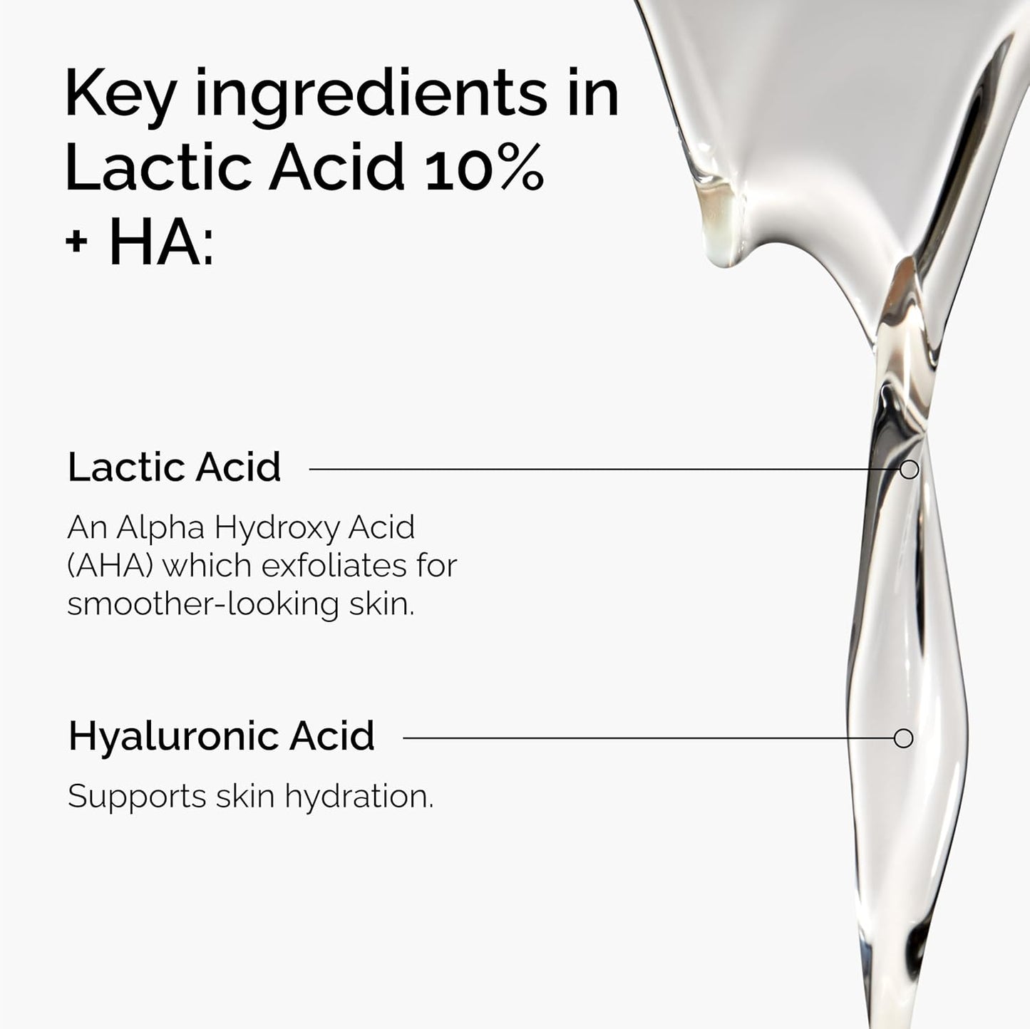 Ingredient infographic highlighting the key ingredients in The Ordinary Lactic Acid 10% + HA serum. Features Lactic Acid 10%, an AHA that exfoliates dead skin cells for smoother, brighter skin, and Hyaluronic Acid, which helps attract moisture and support long-lasting skin hydration. Clear serum texture is shown alongside ingredient benefits.