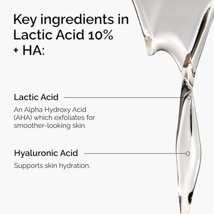 Ingredient infographic highlighting the key ingredients in The Ordinary Lactic Acid 10% + HA serum. Features Lactic Acid 10%, an AHA that exfoliates dead skin cells for smoother, brighter skin, and Hyaluronic Acid, which helps attract moisture and support long-lasting skin hydration. Clear serum texture is shown alongside ingredient benefits.