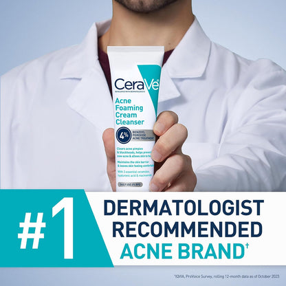 CeraVe acne foaming cream cleanser held by a person in a white coat with '#1 Dermatologist Recommended Acne Brand' text.