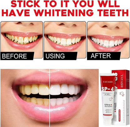 Teeth whitening product with before, during, and after effects on teeth.