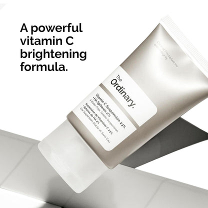 The Ordinary Vitamin C Suspension 23% + Hyaluronic Acid Spheres 2% displayed with the message "A Powerful Vitamin C Brightening Formula," highlighting its skin-brightening, antioxidant, and uneven skin tone correcting benefits.