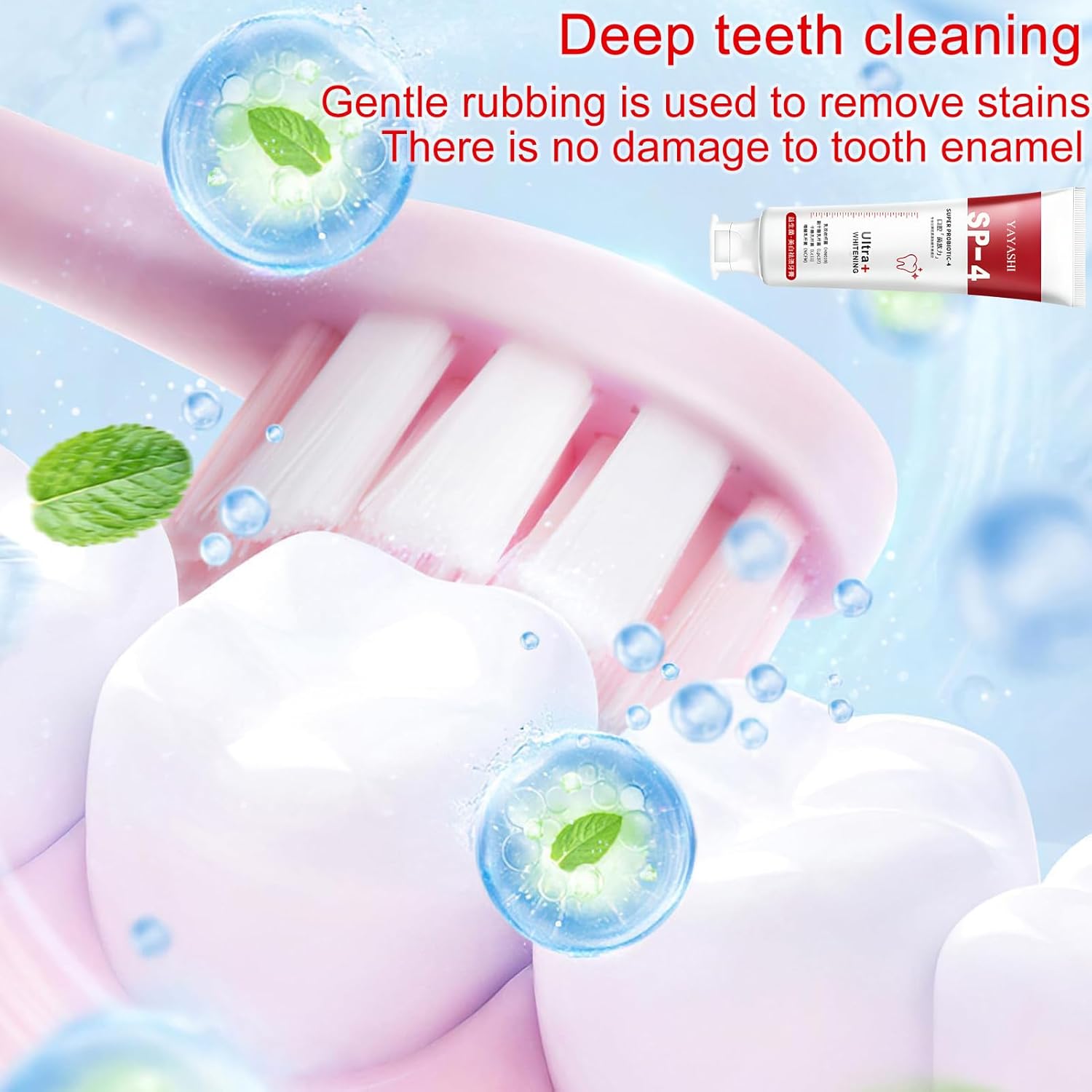 Teeth cleaning product with toothbrush and toothpaste tube on a light blue background