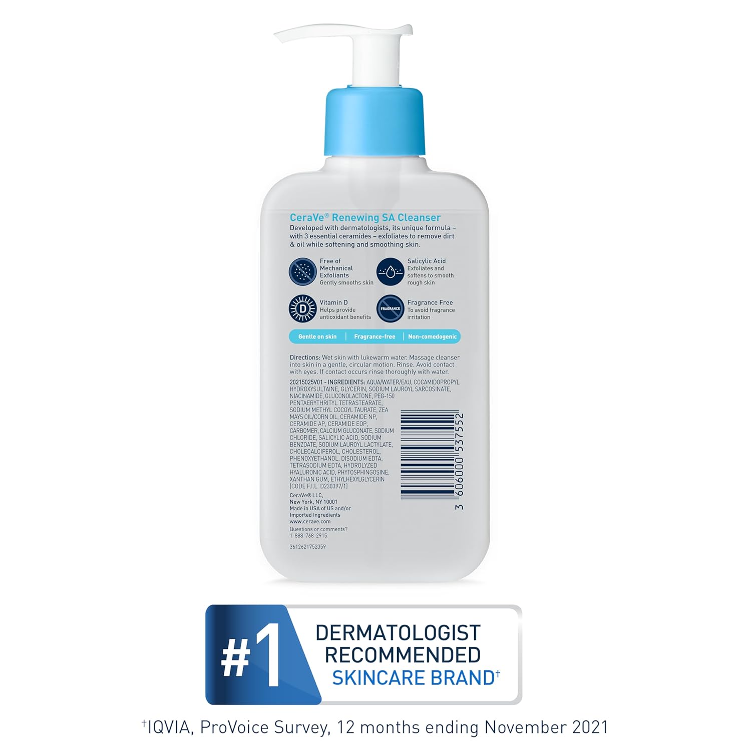 Skincare cleanser bottle with pump on a white background, featuring a dermatologist recommended badge.