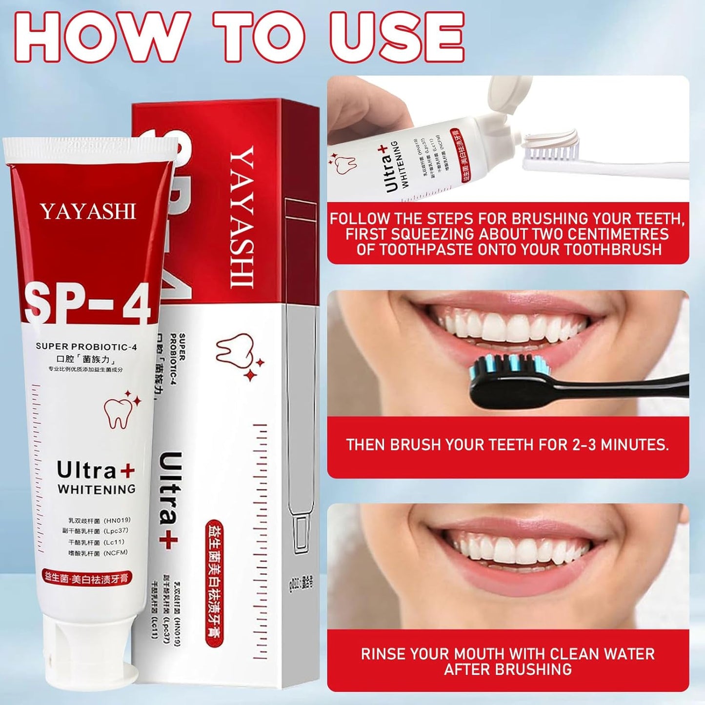 Yayashi SP-4 Ultra Whitening toothpaste with packaging and usage instructions on a blue background