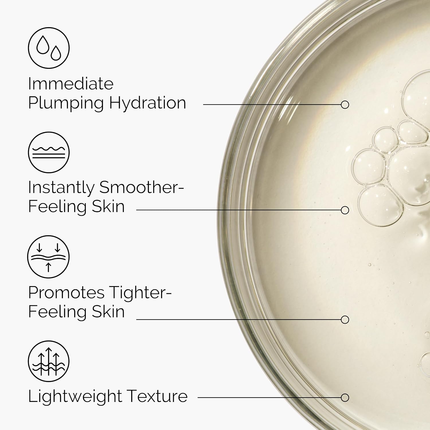Product container with text highlighting features like immediate plumping hydration, instantly smoother-feeling skin, promotes tighter-feeling skin, and lightweight texture.