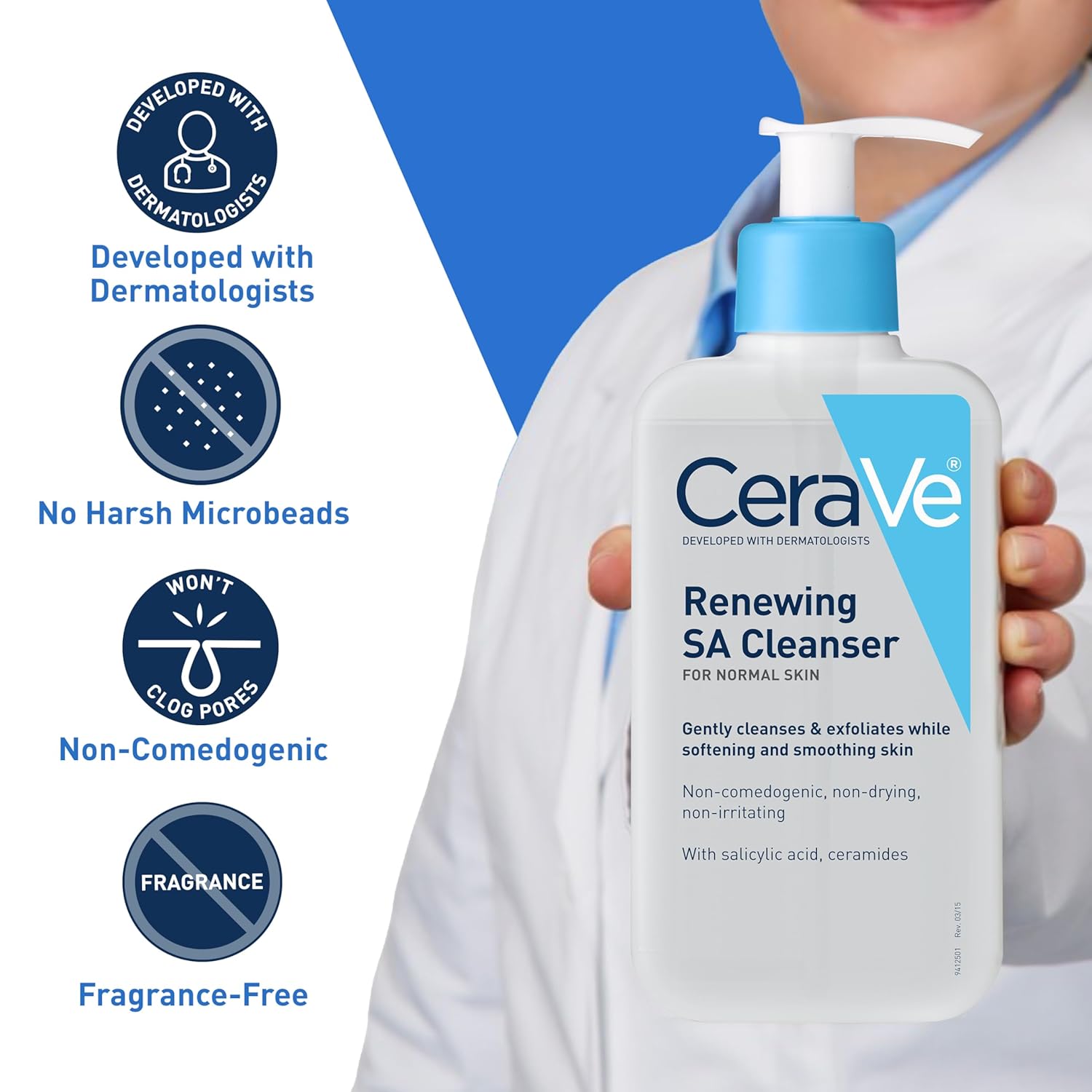 CeraVe Renewing SA Cleanser bottle held by a person with product features highlighted.