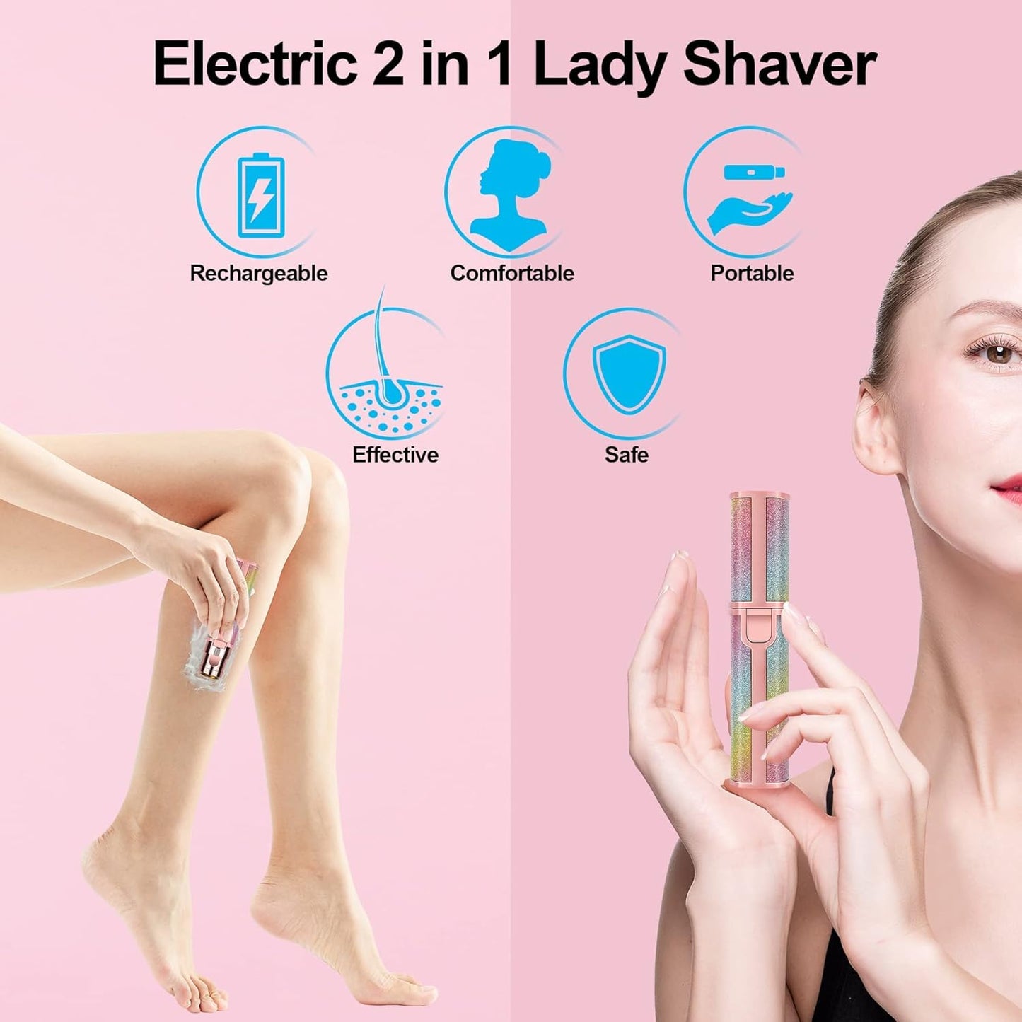 Electric 2-in-1 lady shaver with icons and a woman holding it on a pink background
