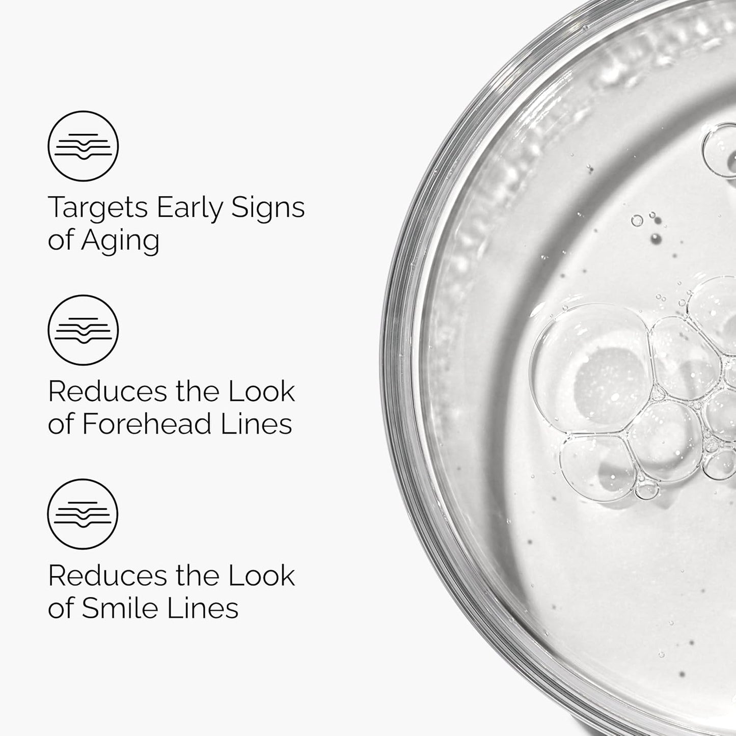 Cosmetic product with text highlighting its benefits on a white background