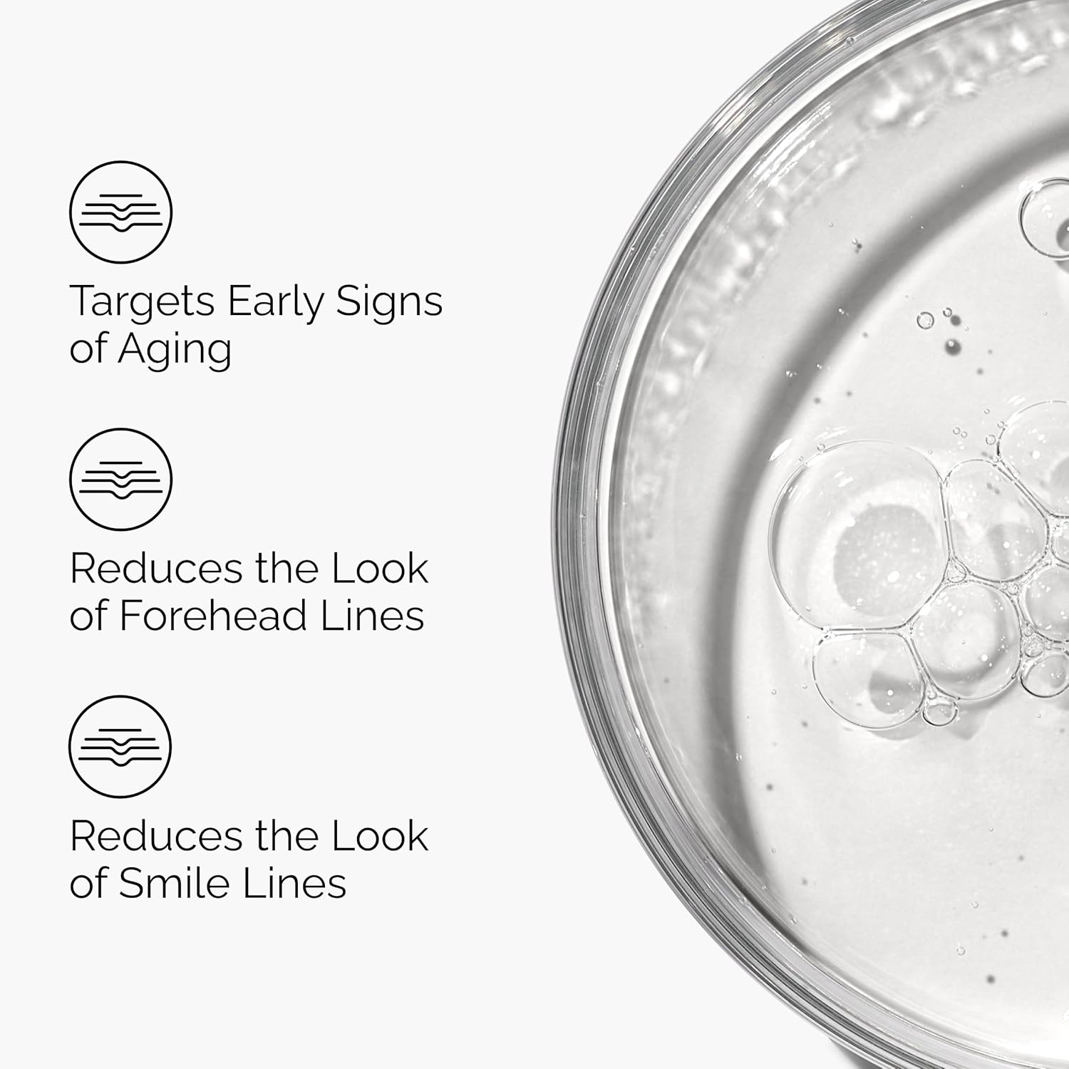 Cosmetic product with text highlighting its benefits on a white background