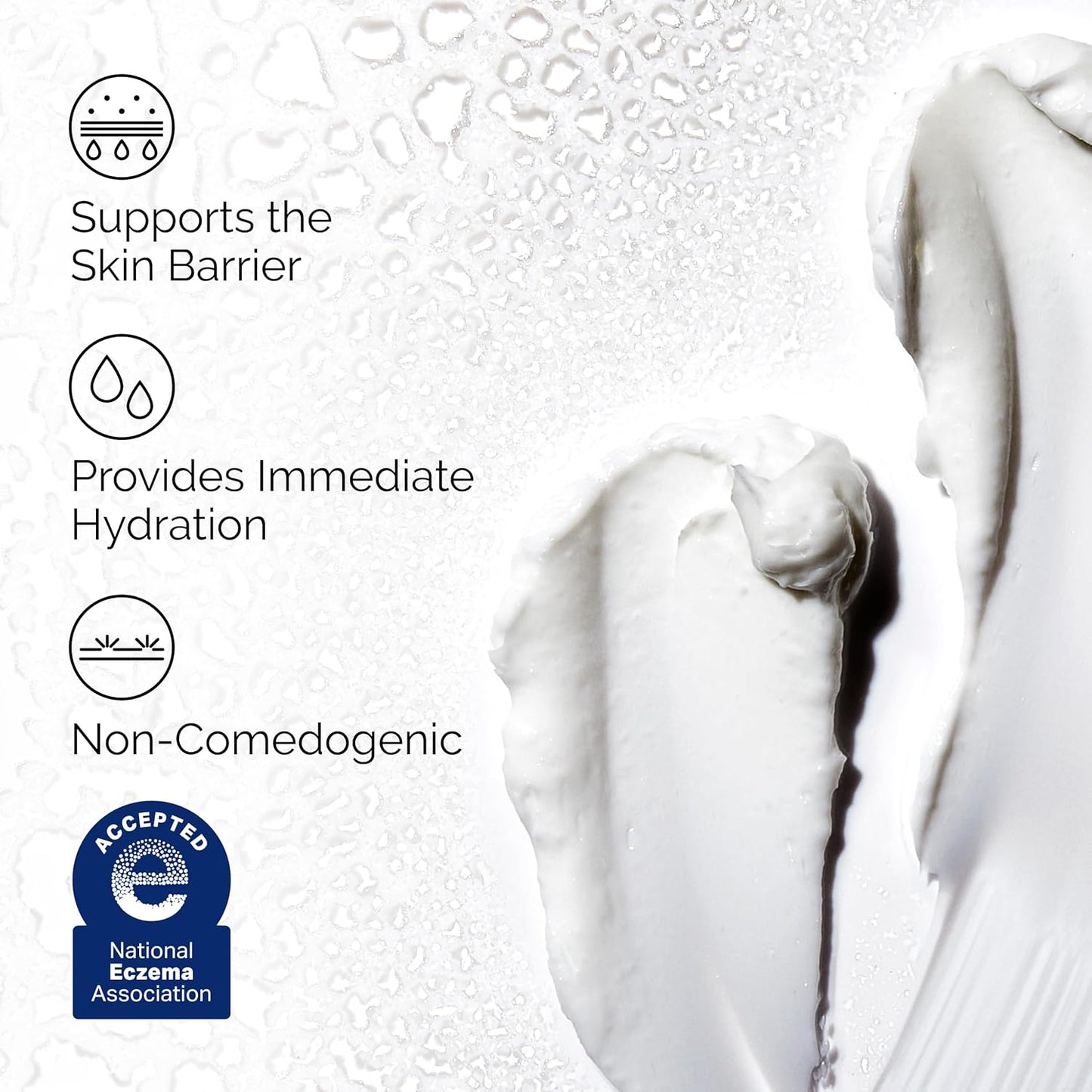 Benefits infographic for The Ordinary Natural Moisturizing Factors + HA moisturizer, highlighting skin barrier support, immediate hydration, and a non-comedogenic formula. The image features rich moisturizing cream textures and displays acceptance by the National Eczema Association, emphasizing suitability for dry and sensitive skin.