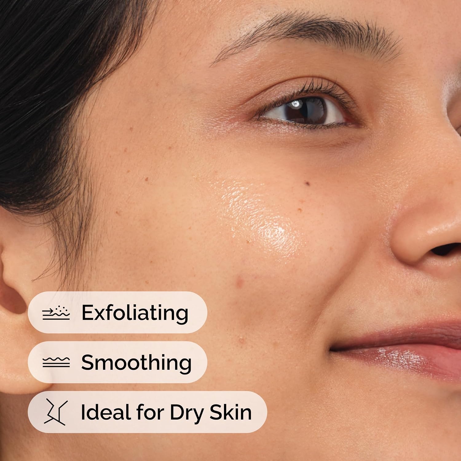 Close-up image of healthy, radiant skin after using The Ordinary Lactic Acid 10% + HA serum. Highlights key benefits including exfoliating dead skin cells, smoothing rough texture, and improving skin appearance. Suitable for dry skin and designed to promote a brighter, softer, and more refined complexion.