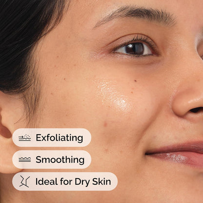 Close-up image of healthy, radiant skin after using The Ordinary Lactic Acid 10% + HA serum. Highlights key benefits including exfoliating dead skin cells, smoothing rough texture, and improving skin appearance. Suitable for dry skin and designed to promote a brighter, softer, and more refined complexion.
