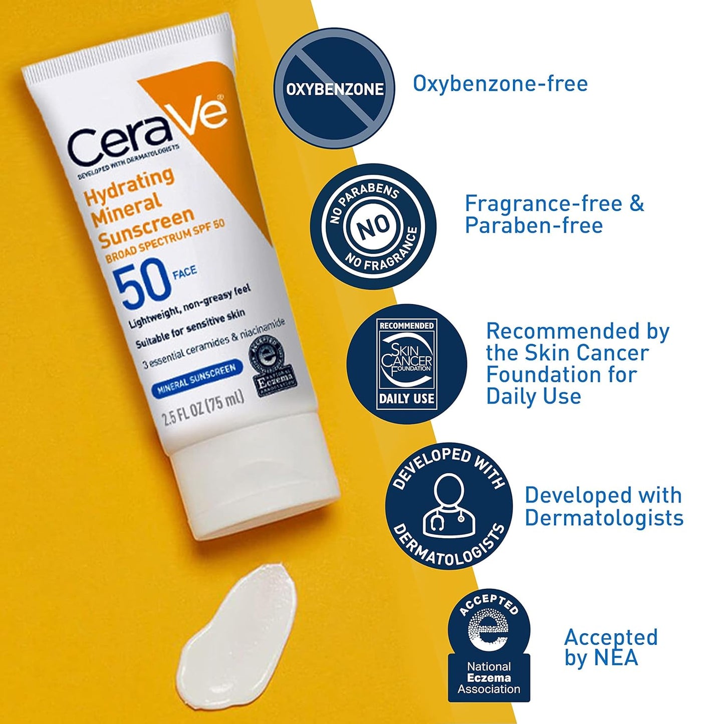 CeraVe hydrating mineral sunscreen tube on a yellow background with product features highlighted.