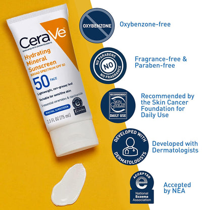 CeraVe hydrating mineral sunscreen tube on a yellow background with product features highlighted.