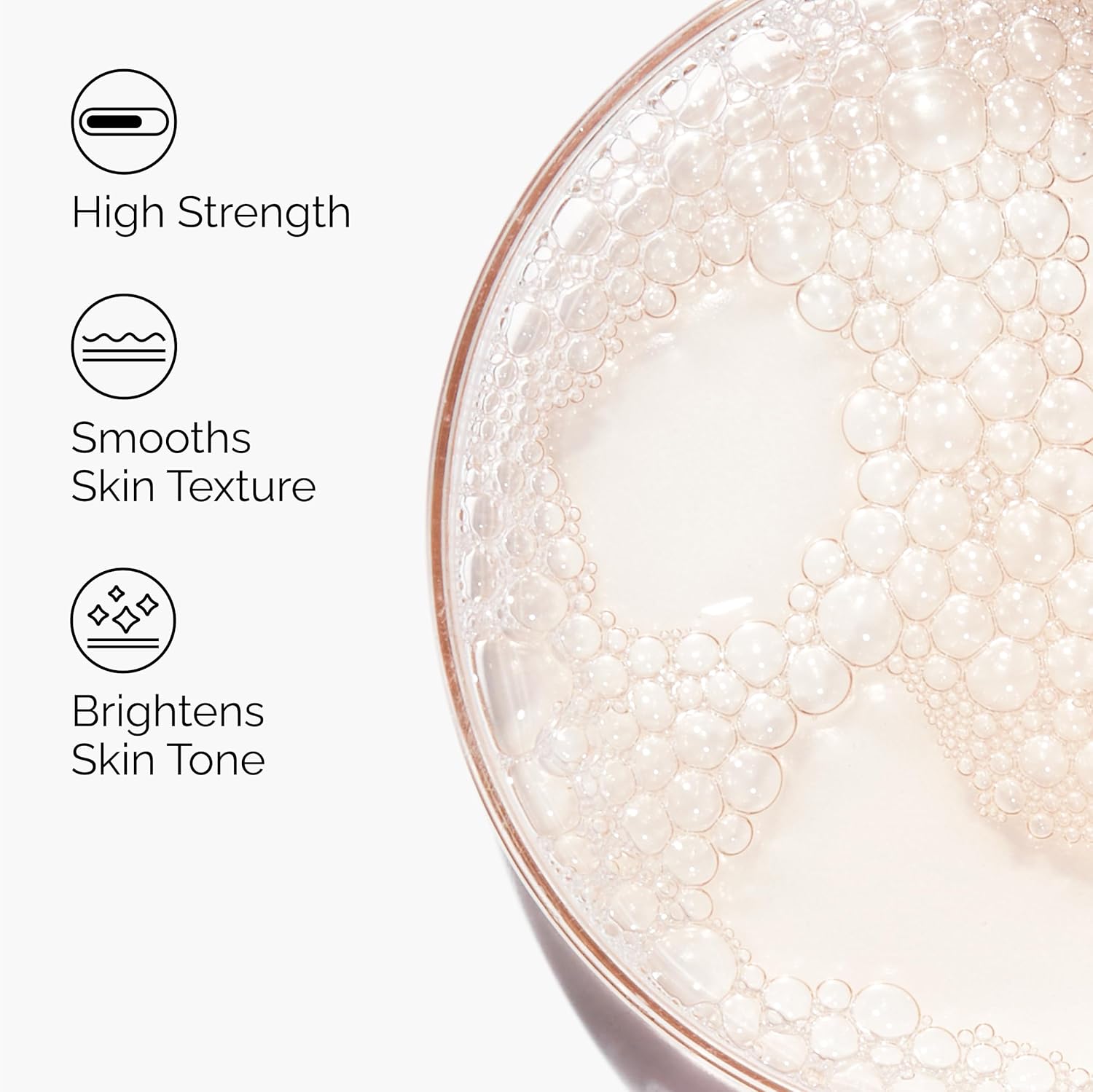 Benefits infographic for The Ordinary Lactic Acid 10% + HA serum featuring a close-up of the formula texture. Highlights key benefits including high-strength exfoliation, smoother skin texture, and brighter, more even-looking skin tone. Designed to improve radiance while refining skin texture for a healthier complexion.