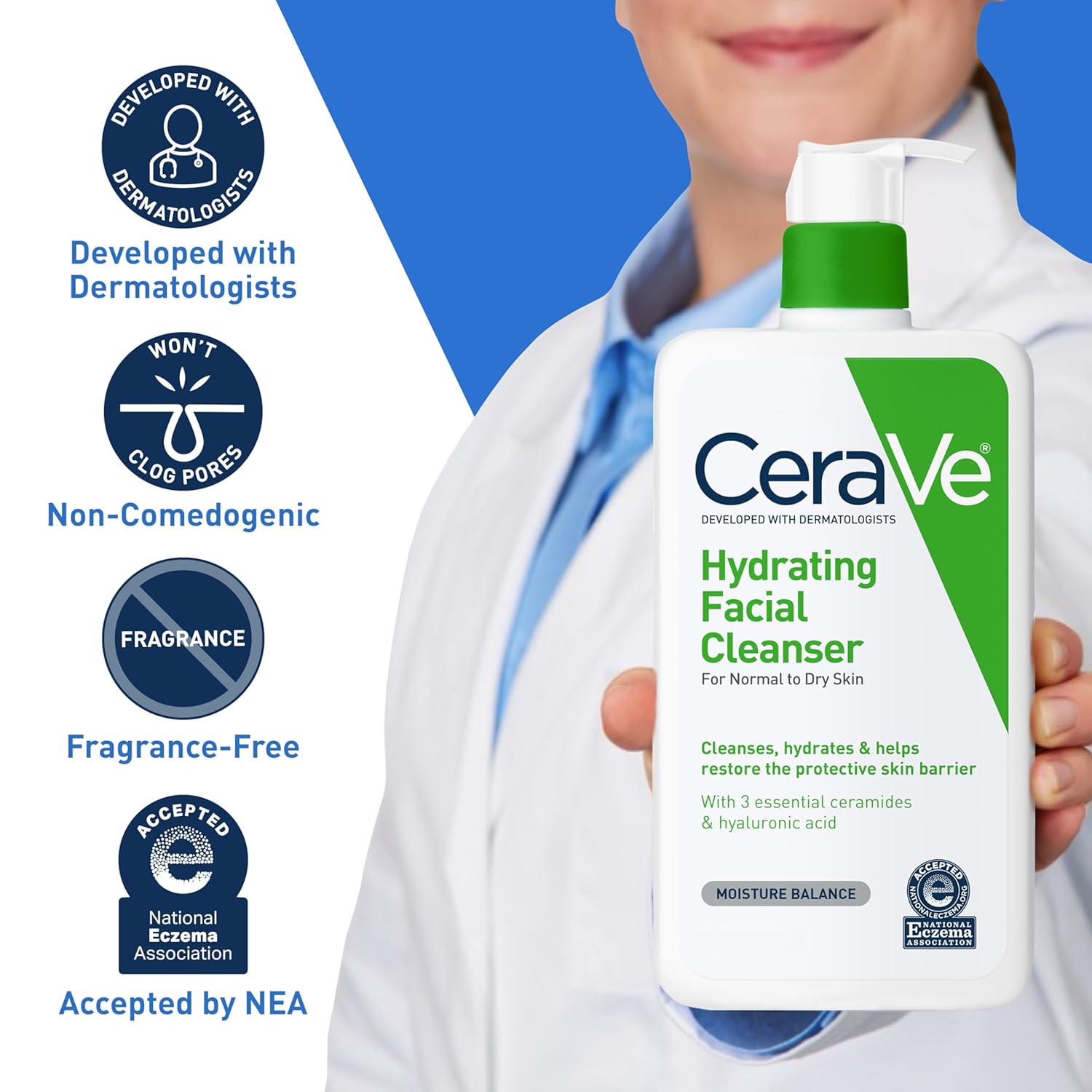 CeraVe hydrating facial cleanser held by a person with product details on a blue and white background