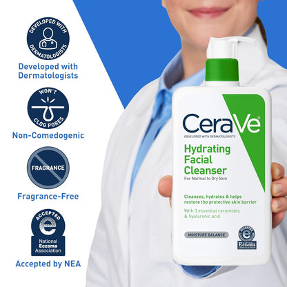 CeraVe hydrating facial cleanser held by a person with product details on a blue and white background