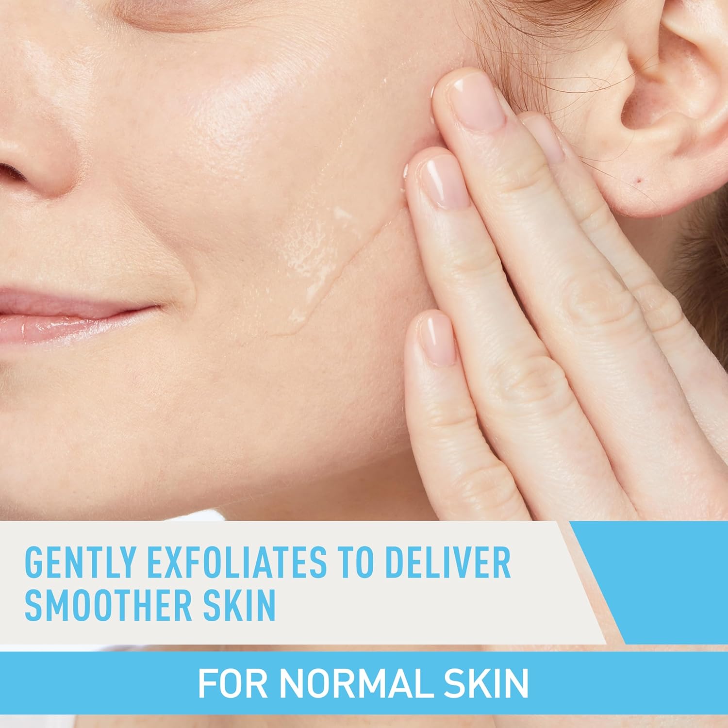 Close-up of a person's face with text about exfoliating for smoother skin.