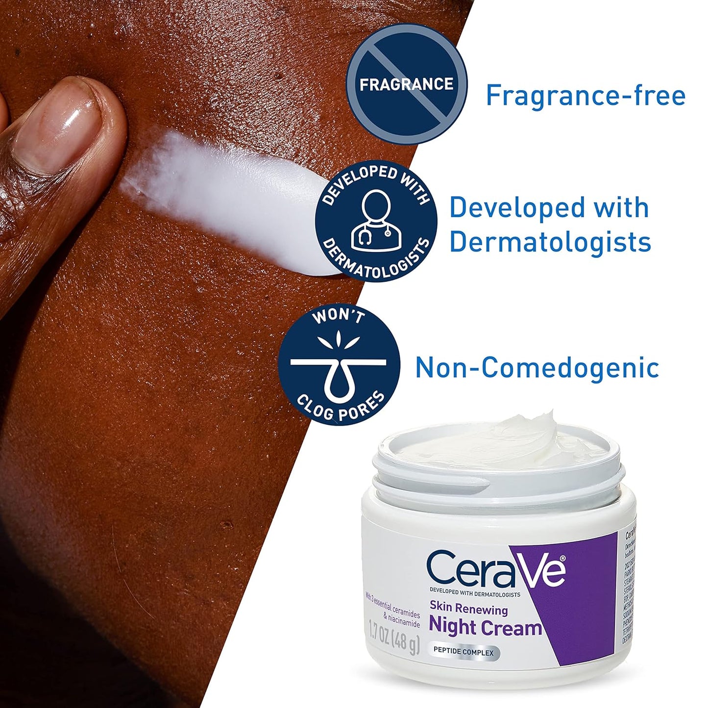 CeraVe night cream jar with skin application and product features on a brown background