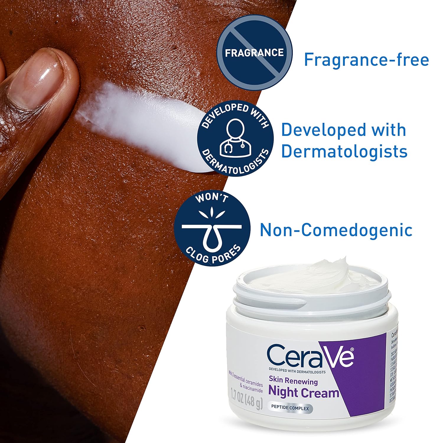 CeraVe night cream jar with skin application and product features on a brown background