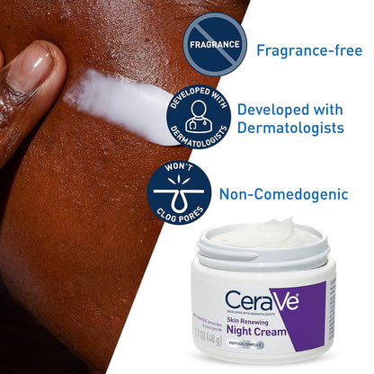 CeraVe night cream jar with skin application and product features on a brown background