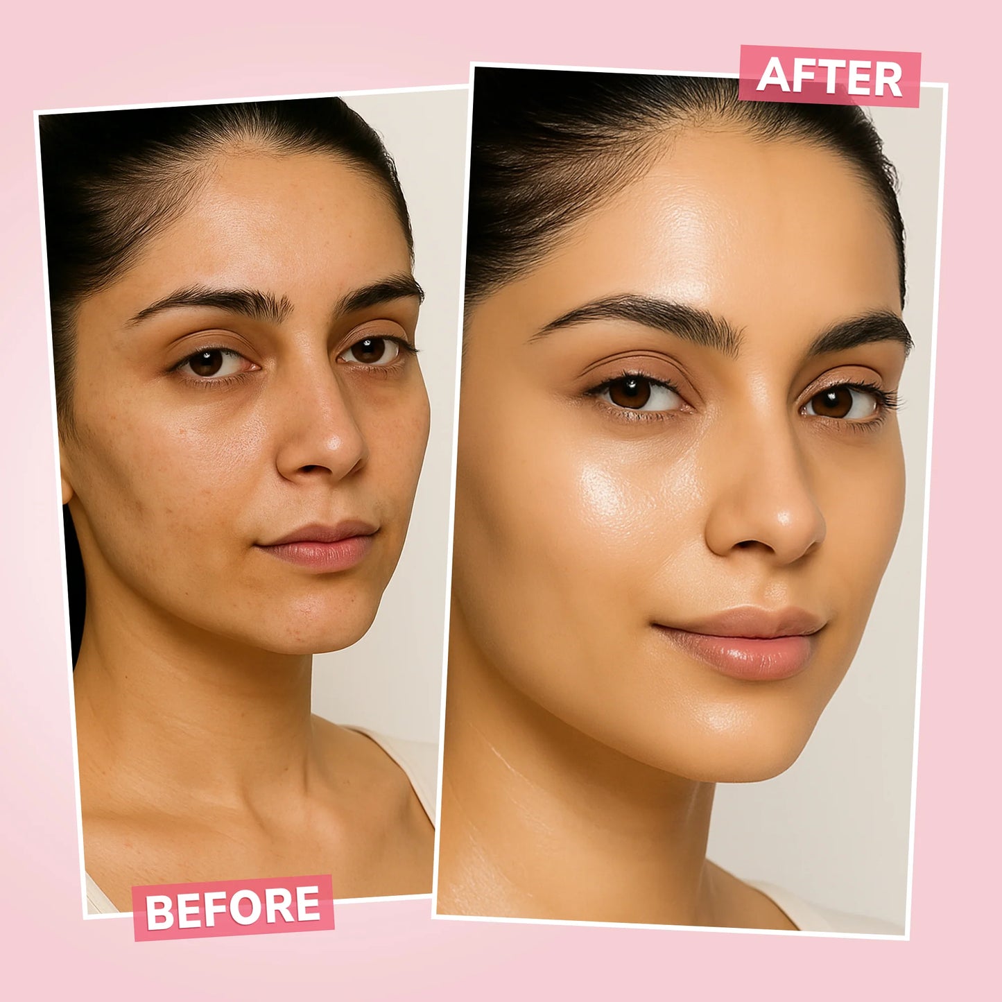 Before and after comparison of a woman's face with skin treatment effects on a pink background.
