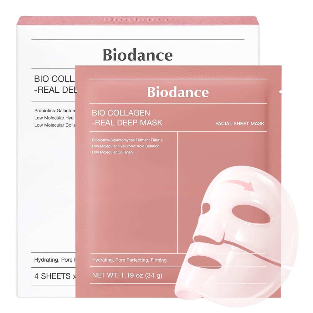 BIODANCE Bio Collagen Real Deep Mask Box Set containing 4 hydrogel face masks for deep hydration, pore care, skin firming, elasticity support and glass skin glow
