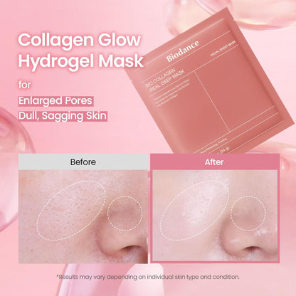 BIODANCE Bio Collagen Real Deep Hydrogel Face Mask showing before and after results for enlarged pores, dull skin and improved skin glow with deep hydration and firming care